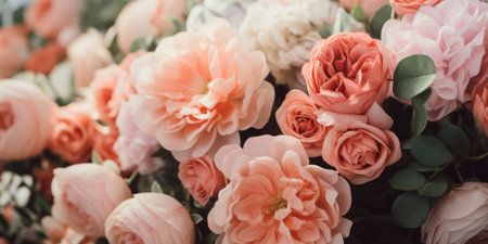 Wedding flowers, bridal bouquet closeup. Decoration made of roses, peonies and decorative plantsの素材