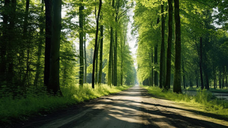 Single lane rural gravel road through the tall green linden trees. Sunlight flowing through the tree trunks. Fairy forest scene. Art, hope, heaven, wilderness, loneliness, pure nature conceptsの素材