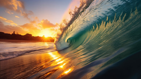 Wave crest at sunset. The perfect place to surf in Hawaii. The concept of attracting tourists to Hawaii.の素材