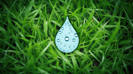 Save water concept. Paper cut of eco on green grass.の素材