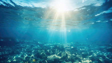 Sea underwater view with sun light. Beauty nature backgroundの素材