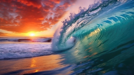 Colorful Ocean Wave. Sea water in crest shape. Sunset light and beautiful clouds on backgroundの素材