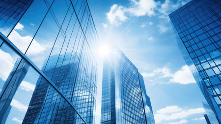 Glass buildings with cloudy blue sky backgroundの素材