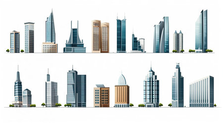 Set of different skyscraper buildings isolated on white.の素材