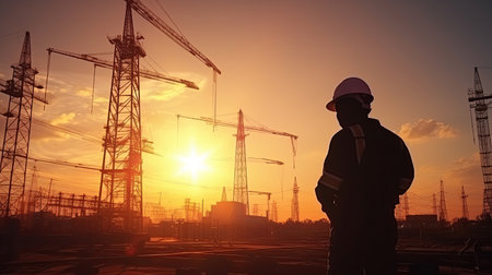 Silhouette engineer standing orders for construction crews to work on high ground heavy industry and safety concept over blurred natural background sunsetの素材