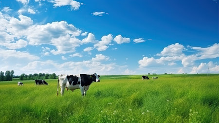 Cows on the background of sky and green grassの素材
