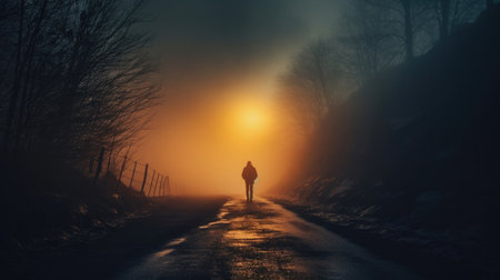 A person walk into the misty foggy road in a dramatic mystic scene with warm colors. Mysterious man walking in the mistの素材