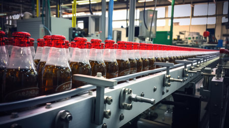 Glass bottles of beer. Concept brewery plant production line.の素材