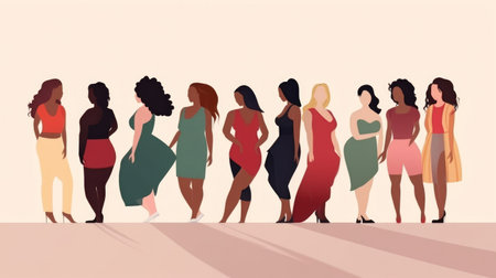 Group of women with different body and ethnicity posing together to show the woman power and strength. Curvy and skinny kind of female body concept, body positive and body acceptanceの素材