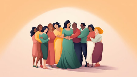 Group of women with different body and ethnicity posing together to show the woman power and strength. Curvy and skinny kind of female body concept, body positive and body acceptanceの素材