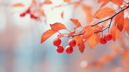 Moody autumnal dry tree leaves with red wild berries on a blurred background. Natural and organic October background. Autumn season. Fall concept.の素材