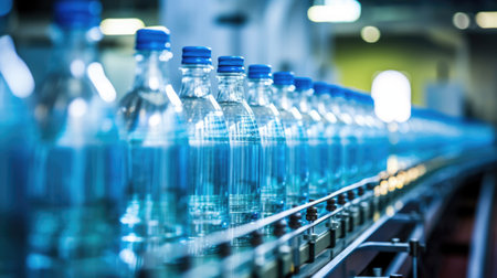 Line of bottling beverages in plastic bottles on clean light factoryの素材