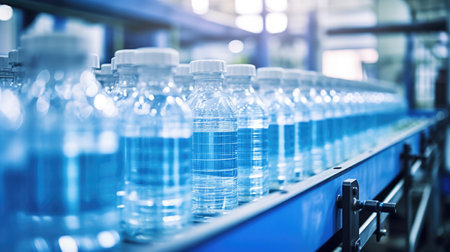Line of bottling beverages in plastic bottles on clean light factoryの素材