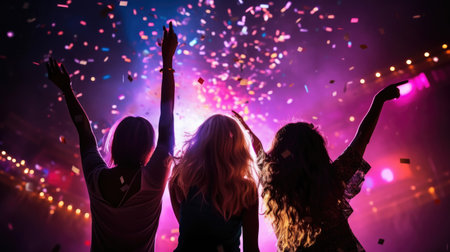 Carefree lady friendship have corporate festival buddies on neon modern disco with flying confetti hands upの素材