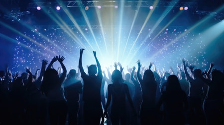 Team. A crowd of people in silhouette raises their hands on the dancefloor on neon light background. Night life, club, music, dance, motion, youth. Purple-pink colors and moving girls and boys.の素材