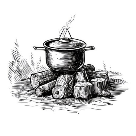 Campfire and pot. Vintage fire camping cooking in cauldron on firewood and flame hand drawn vector illustration, outdoor hot meal cook sketchの素材