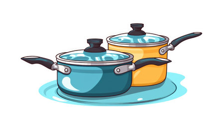 Cooking pot and pan. Boiled water in pots, pasta in saucepan and scrambled eggs in dripping pan, vector illustration for kitchen cookの素材