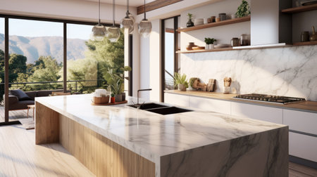 Front view of white granite kitchen countertop island for montage product display on modern Scandinavian kitchen space.の素材