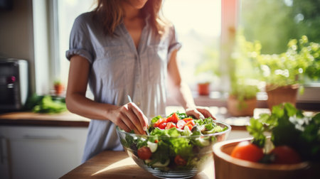 Women cook lunch at home preparing delicious food.の素材