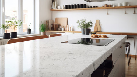 Front view of white granite kitchen countertop island for montage product display on modern Scandinavian kitchen space.の素材