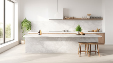 Front view of white granite kitchen countertop island for montage product display on modern Scandinavian kitchen space.の素材