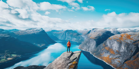 Life on the edge Traveler on cliff mountains over fjord enjoying Norway landscape Travel Lifestyle success motivation concept adventure active vacations outdoorの素材