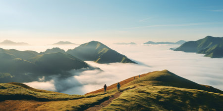 People or traveler walk on the Mountain hill with grass field with sea of fog or white cloudsの素材