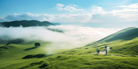 People or traveler walk on the Mountain hill with grass field with sea of fog or white cloudsの素材