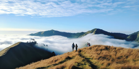 People or traveler walk on the Mountain hill with grass field with sea of fog or white cloudsの素材