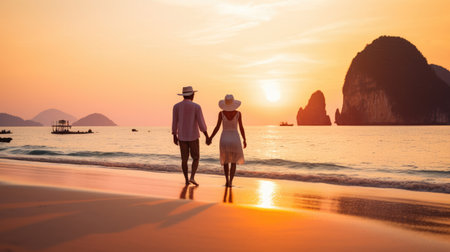Romantic middle aged couple enjoying beautiful sunset walk on the beach travel vacation, Krabi Thailandの素材