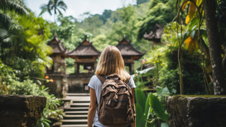 Woman with backpack exploring Bali, Indonesia.の素材