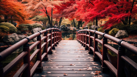 Wooden bridge in the autumn park, Japan autumn season, Kyoto Japanの素材