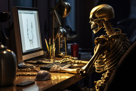 A skeleton made of gold sitting at a desk working on the computer.の素材
