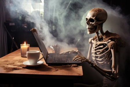 Remains of a skeleton sitting at the computer with coffee steaming on the desk next to laptopの素材