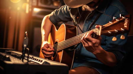 Guitarist and producer tuning his acoustic guitarの素材