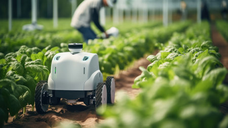 Smart robotic futuristic farmers working on field Agriculture technology, Farm automationの素材