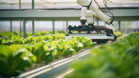 A robot is working on a lettuce farm.の素材