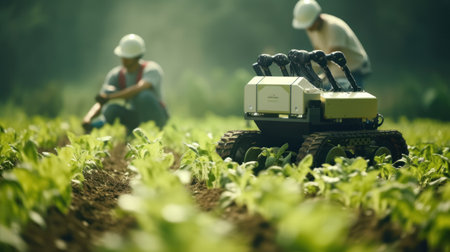 Smart robotic futuristic farmers working on field Agriculture technology, Farm automationの素材