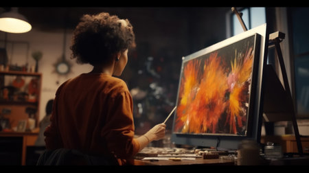 Back view of artist painting on easel against lamp during work in spacious workshopの素材