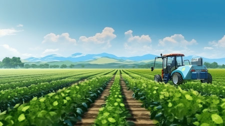 Smart robotic farmers in agriculture futuristic robot automation to work to spray chemical fertilizer or increase efficiencyの素材