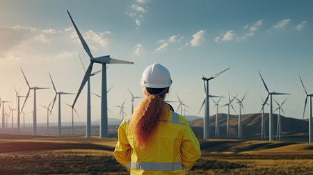 Back view of woman engineer standing against turbines on wind turbine farm.の素材