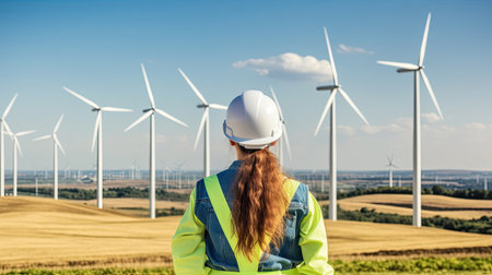 Back view of woman engineer standing against turbines on wind turbine farm.の素材