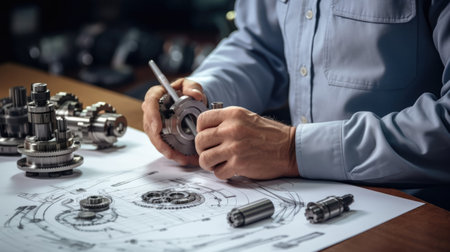 Engineer technician designing drawings mechanical parts engineering Engine manufacturing factory Industry Industrial work project blueprints measuring bearings caliper toolsの素材