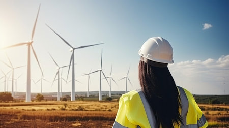 Back view of woman engineer standing against turbines on wind turbine farm.の素材