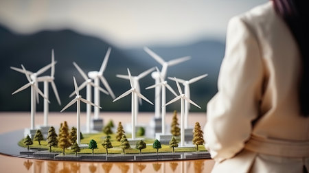 Back view of woman engineer standing against turbines on wind turbine farm.の素材