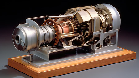 Model of turbine engine with longitudinal section for studying arrangement of blades and combustion chambersの素材
