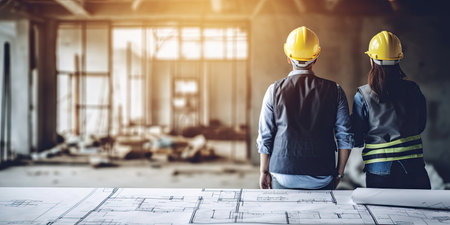 Team of young man and woman engineer and architects working, meeting, discussing,designing, planing, measuring layout of building blueprints in construction site floor at factory.top viewの素材