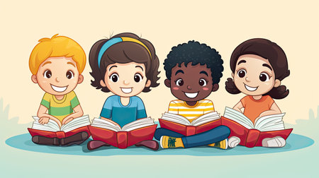 Children reading from books together while sitting downの素材
