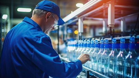 Inspector man checking glass bottle product with machine at food industryの素材