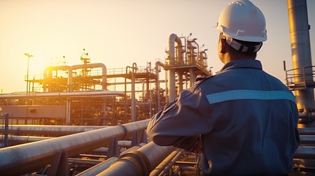 Male worker inspection at steel long pipes and pipe elbow in station oil factory during refinery valve of visual check record pipeline oil and gas industry.の素材
